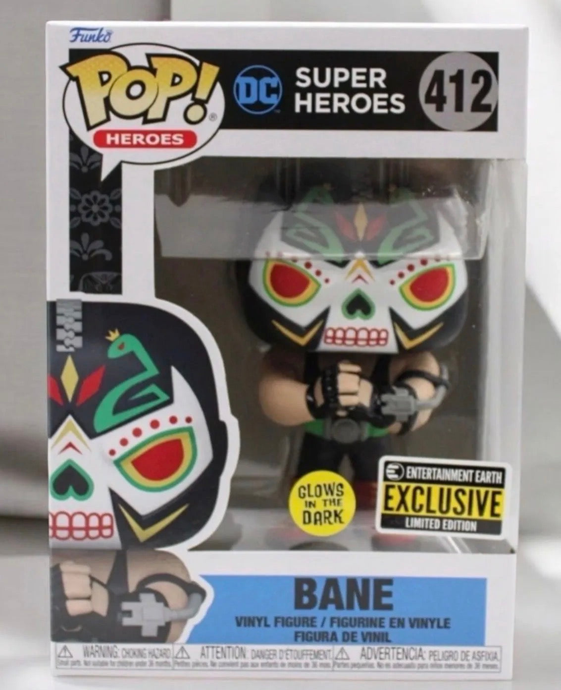 Funko Pop! DC Super Heroes Bane Día de los Muertos #412 Glows in the Dark Entertainment Earth Exclusive