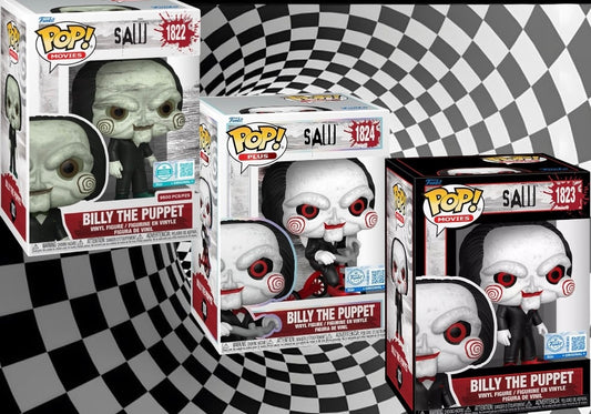 Funko Pop Saw Billy the Puppet 3-pack with Amazon Trike exclusive, Scare Fair Hot Topic exclusive, and 9,500-piece green-shoe edition in boxes.