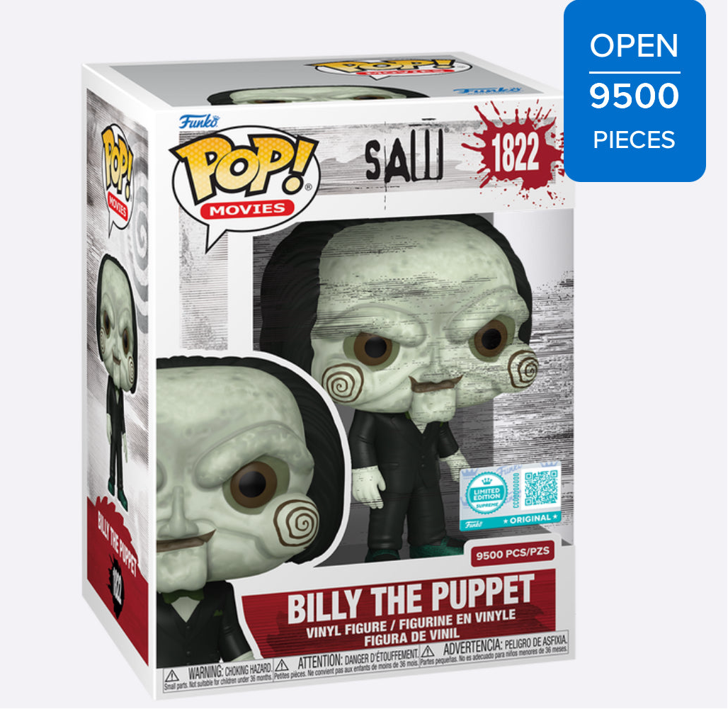 Funko Pop Saw Billy the Puppet limited edition 9,500 piece with black outfit and green shoes in original box.