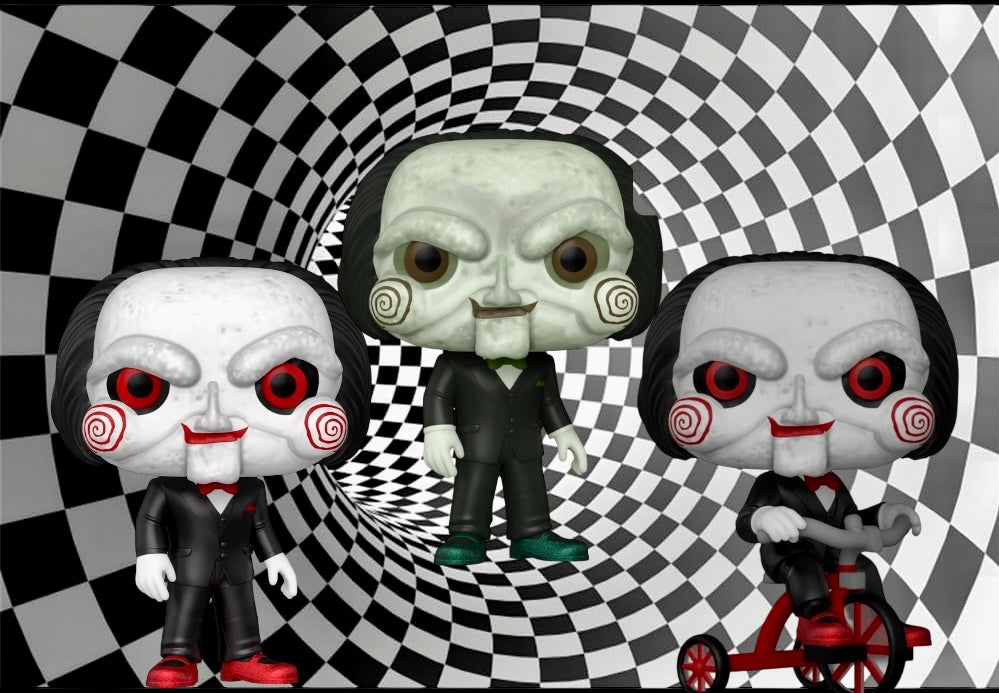 Funko Pop Saw Billy the Puppet 3-pack with Amazon Trike exclusive, Scare Fair Hot Topic exclusive, and 9,500-piece green-shoe edition in boxes.