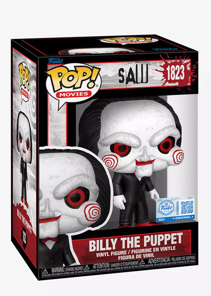 Funko Pop Saw Billy the Puppet Scare Fair 2025 Hot Topic exclusive with red shoes, red eyes, and red cheek swirls in box.